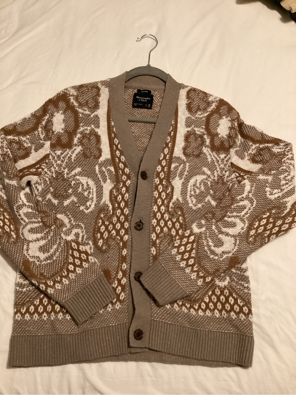 Abercrombie & Fitch Taupe and Cream Patterned Button-Front Cropped Cardigan
